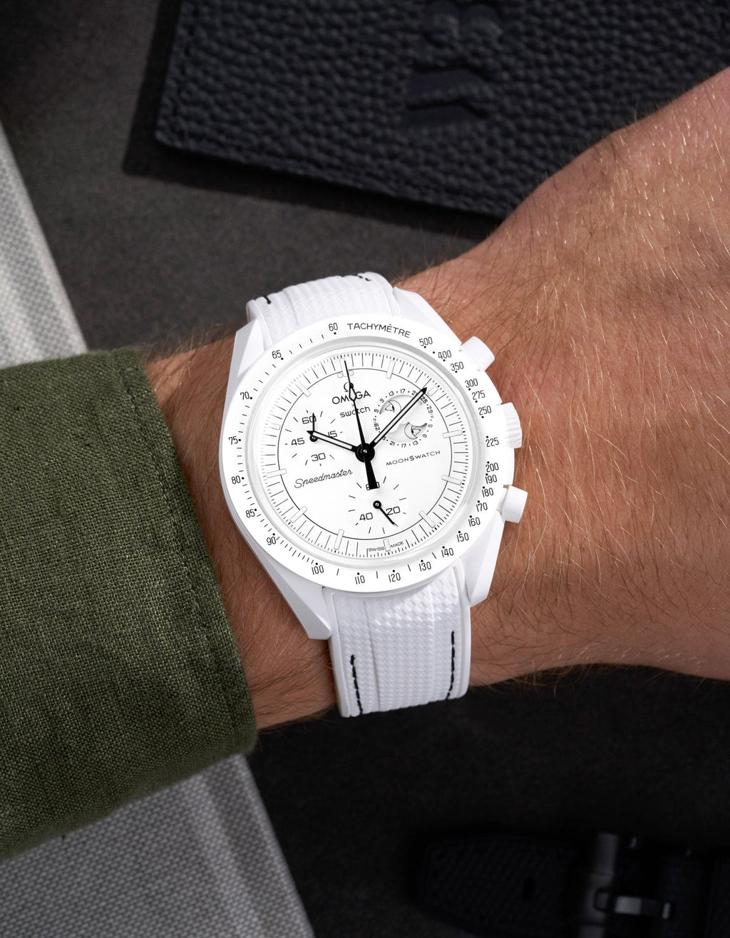 Curved Vertech Rubber Strap - White & Black Stitches - OM Luxury
